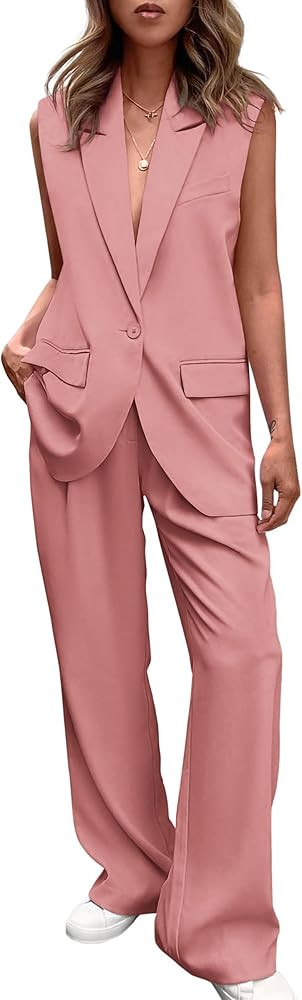 PRETTYGARDEN Women's 2 Piece Outfits Sleeveless Suit Vest and Wide Leg Pants Business Casual Blaz... | Amazon (US)