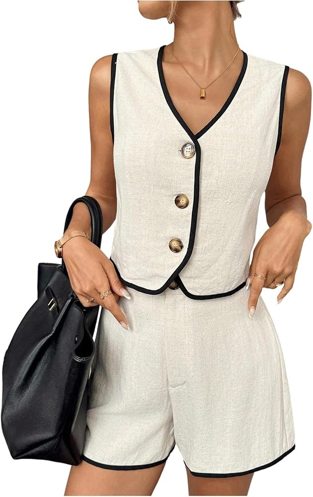 GORGLITTER Womens Linen Shorts Co Ord Sets Contrast Trim V Neck Button Vest Wide Leg Shorts 2 Pie... | Amazon (UK)
