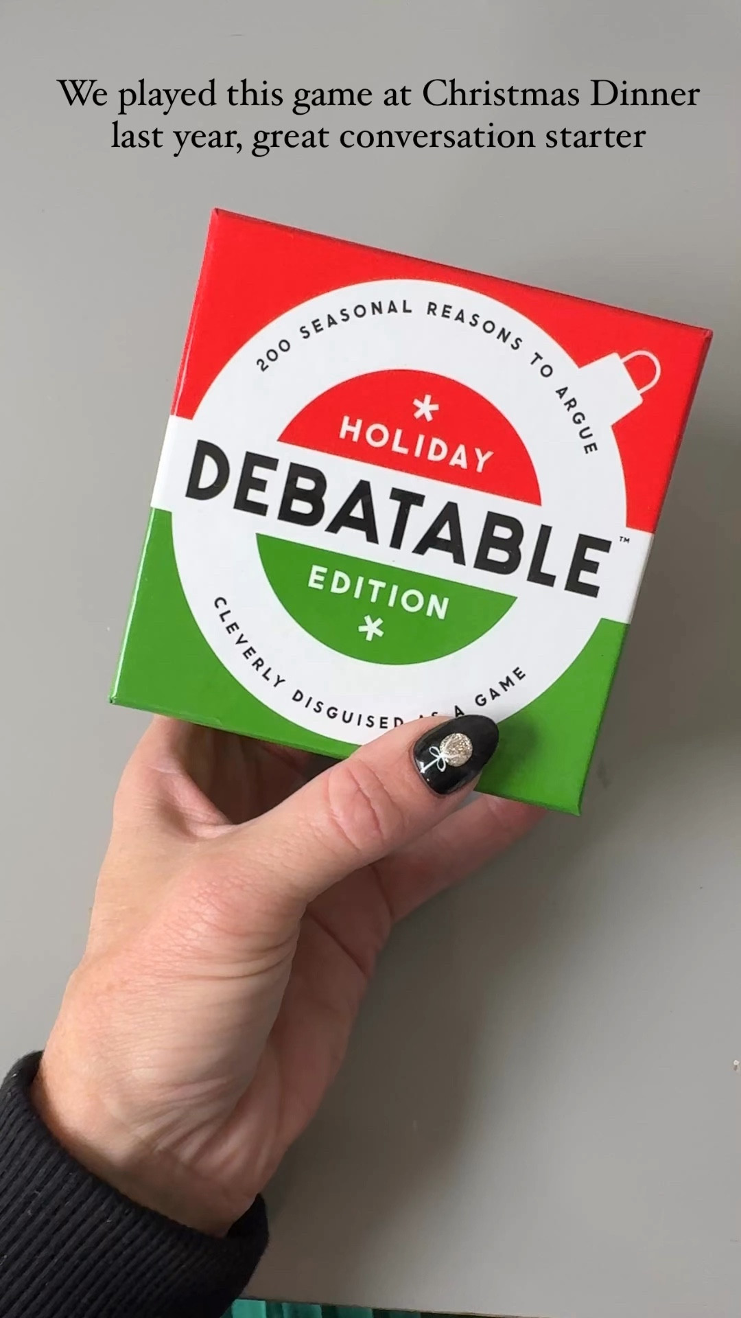 Huge fan of this game and conversation starter. Pick a card and let the debate begin.  This version is Christmas themed, but there’s other versions as well.

#FamilyGame #ConversationStarter #ChristmasDinner #HolidayDinner #FamilyGift #GiftForHimOrHer 

#LTKWatchNow #LTKFamily #LTKHoliday