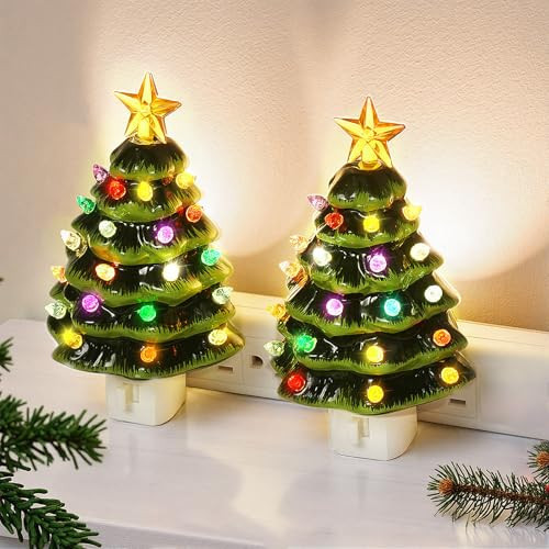 Brightever Ceramic Christmas Tree Night Lights, 2-Pack Plug-in 6" H Vintage Christmas Wall Decor with Multicolor LED Bulbs, 360 Swivel Plug, On/Off Switch, Xmas Tree Nightlight for Bathroom, Bedroom | Amazon (US)