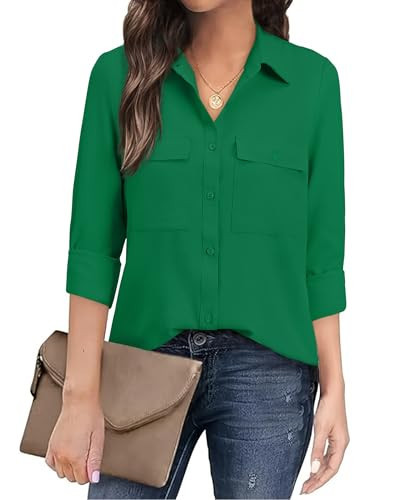 Blouses for Women Dressy Casual Chiffon Dress Button Down Blouses for Woman Green Blouse Long Sleeve Ladies Office Work Shirt Point Collar with Pockets Plus Size Green XX-Large | Amazon (US)
