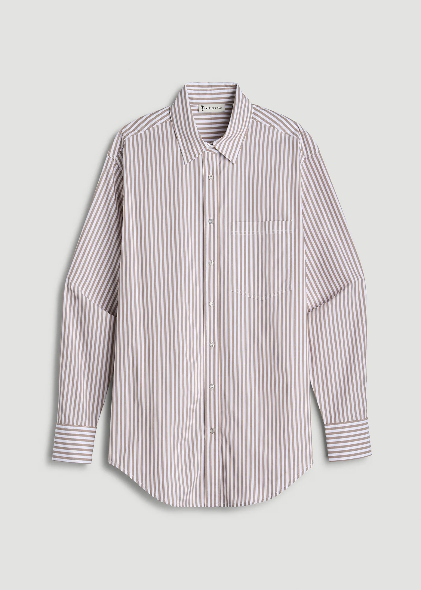 Relaxed Poplin Button-Up Shirt for Tall Women in Brown and White Stripe | American Tall
