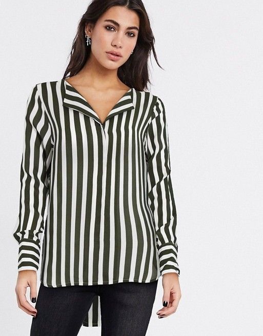 Selected tina stripe long sleeve shirt in dark green | ASOS (Global)