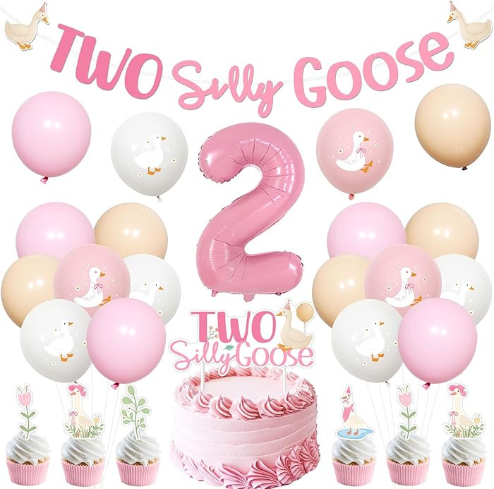 Goose 2nd Birthday Decorations Two Silly Goose Banner Flower Leaf Cute Goose Cake Cupcake Toppers... | Amazon (US)