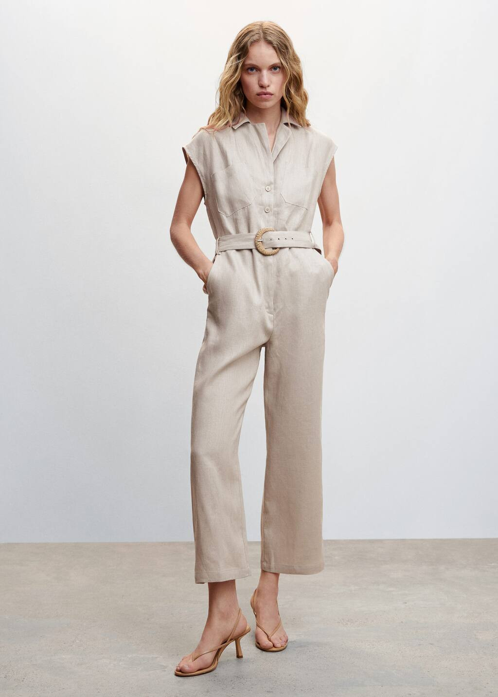 Belt linen jumpsuit -  Women | Mango USA | MANGO (US)