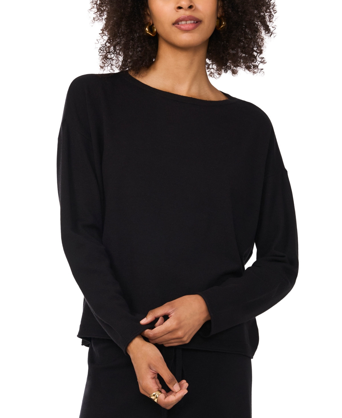 Vince Camuto Women's Ribbed-Trimmed Crewneck Sweater - Rich Black | Macy's