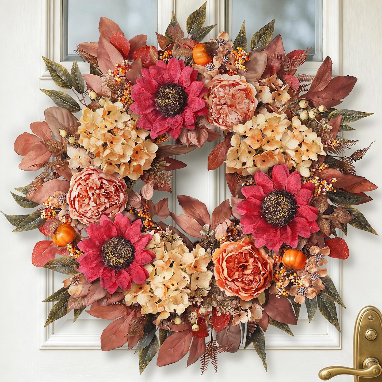24"Fall Artificial Wreath with Sunflower Peony for Front Door Decor(Orange) | Amazon (US)