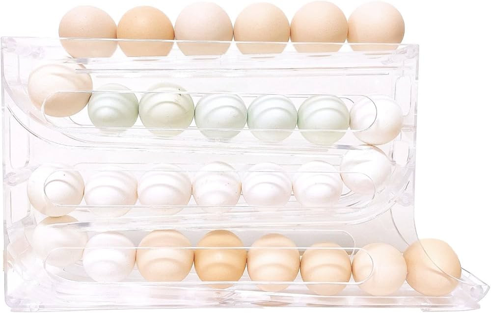 4 Tiers Egg Holder for Fridge Space-Saving Egg Dispenser Holder for Refrigerator Auto Rolling Egg... | Amazon (US)