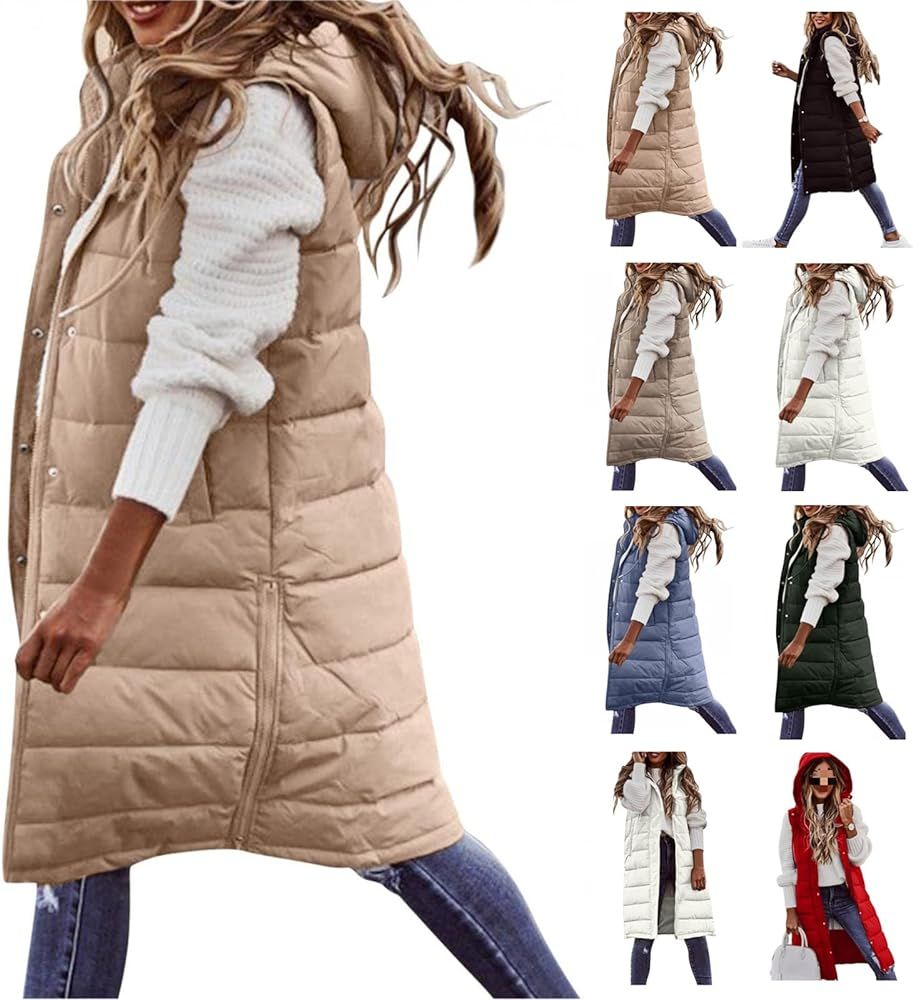 Women's Long Puffer Vest Jacket Sleveless Hoodies Full Zipper Sleeveless Down Coats Thickened War... | Amazon (US)
