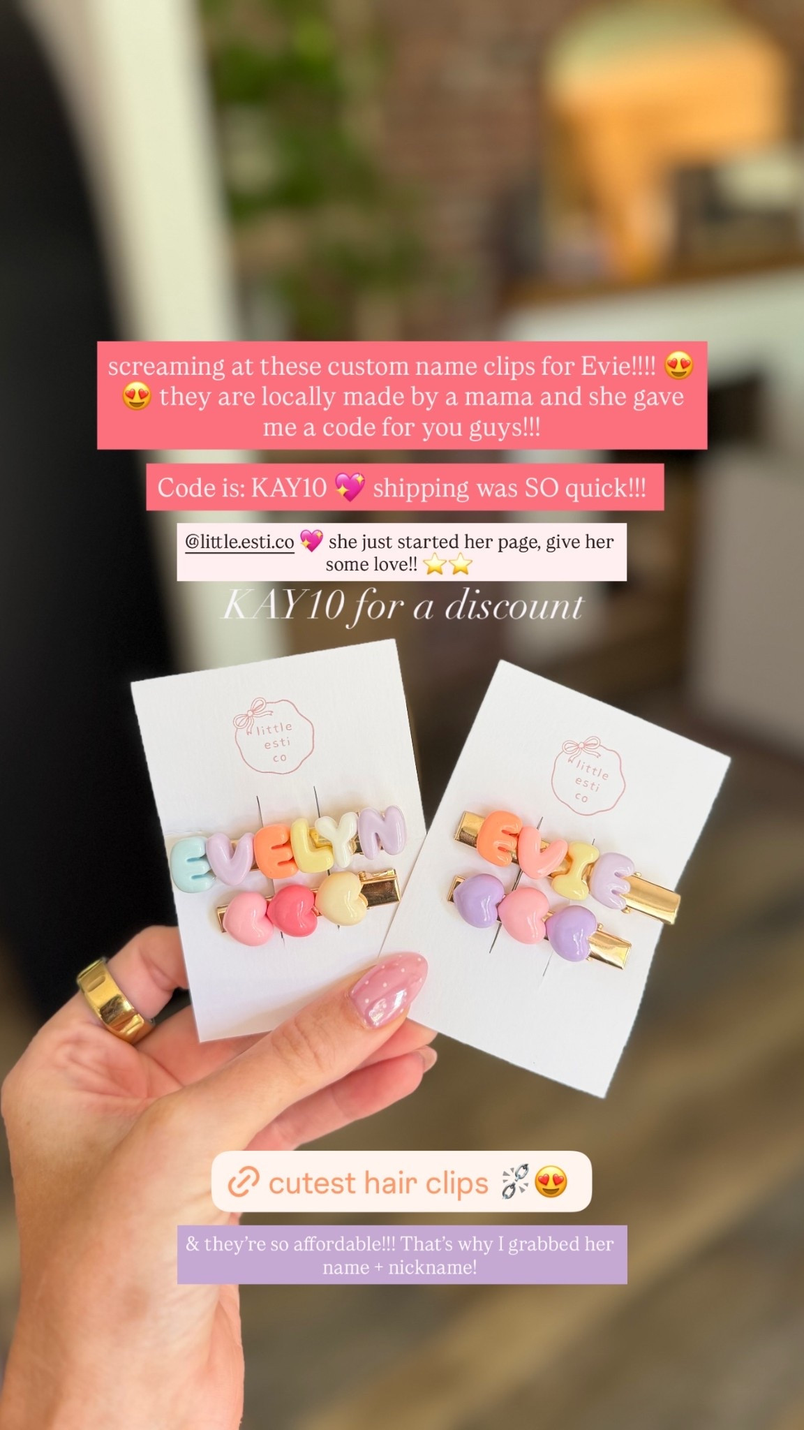 screaming at these custom name clips for Evie!!!! 😍😍 they are locally made by a mama and she gave me a code for you guys!!! 

Code is: KAY10 💖 shipping was SO quick!!! @little.esti.co 💖 she just started her page, give her some love!! ⭐️⭐️ & they’re so affordable!!! That’s why I grabbed her name + nickname! KAY10 for a discount