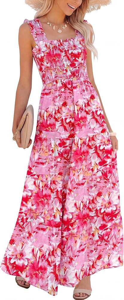 Caracilia Womens Summer Maxi Dresses Floral Smocked Sleeveless Ruffle Boho Casual Flowy Aline Bea... | Amazon (US)