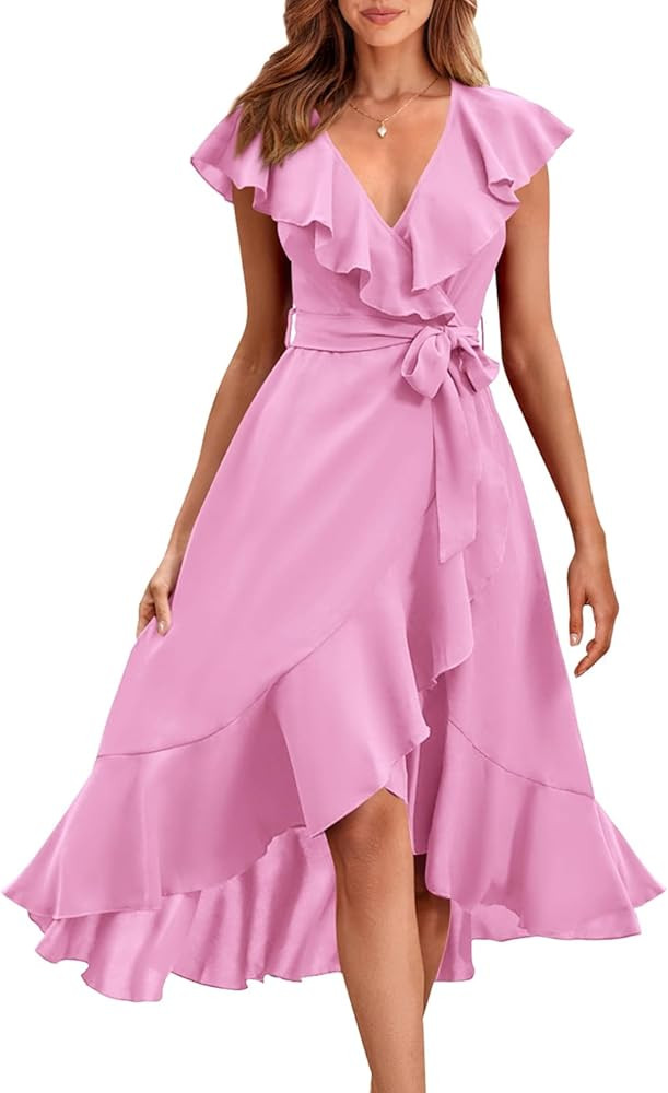 PRETTYGARDEN Women's 2024 Summer Wrap Midi Dress Casual Boho Deep V Neck Short Sleeve Ruffle Hem ... | Amazon (US)