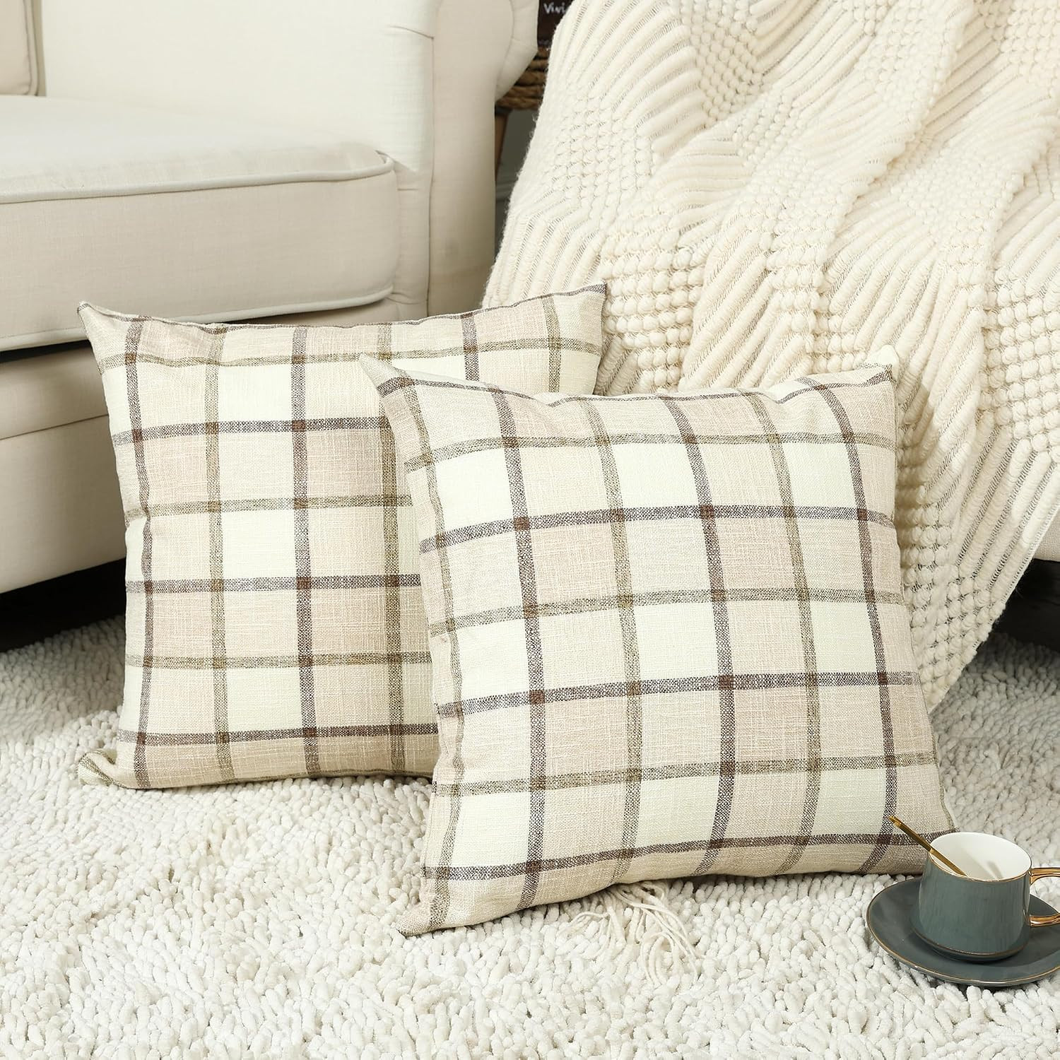 Stellhome Fall Linen Buffalo Check Throw Pillow Covers, Autumn Farmhouse Plaid Decorative Cushion Covers for Couch Sofa Living Room, Pack of 2, 18x18 Inch, Beige | Amazon (US)