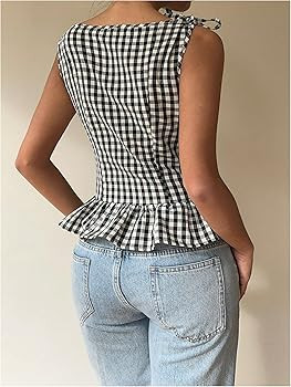 SHENHE Women's Gingham Plaid Ruffle Peplum Tank Smocked Tie Shoulder Vintage Shirt | Amazon (US)