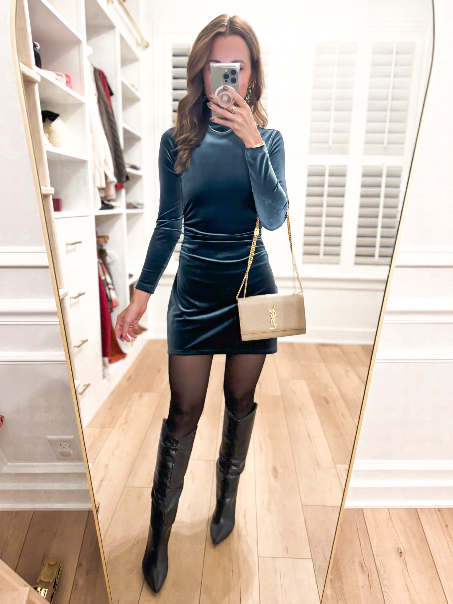 Velvet dress in XXS petite. Christmas party dress. Holiday party dress. NYE dress. Wedding guest dress. Knee high boots - I went up half a size. YSL bag. Date night outfit. Party outfit. Party dress. 

#LTKParties #LTKHoliday #LTKCyberWeek