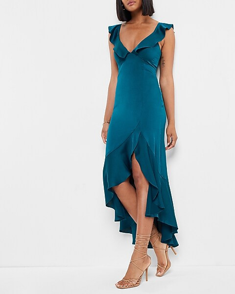 Satin Ruffle Hi-Lo Maxi Dress | Express