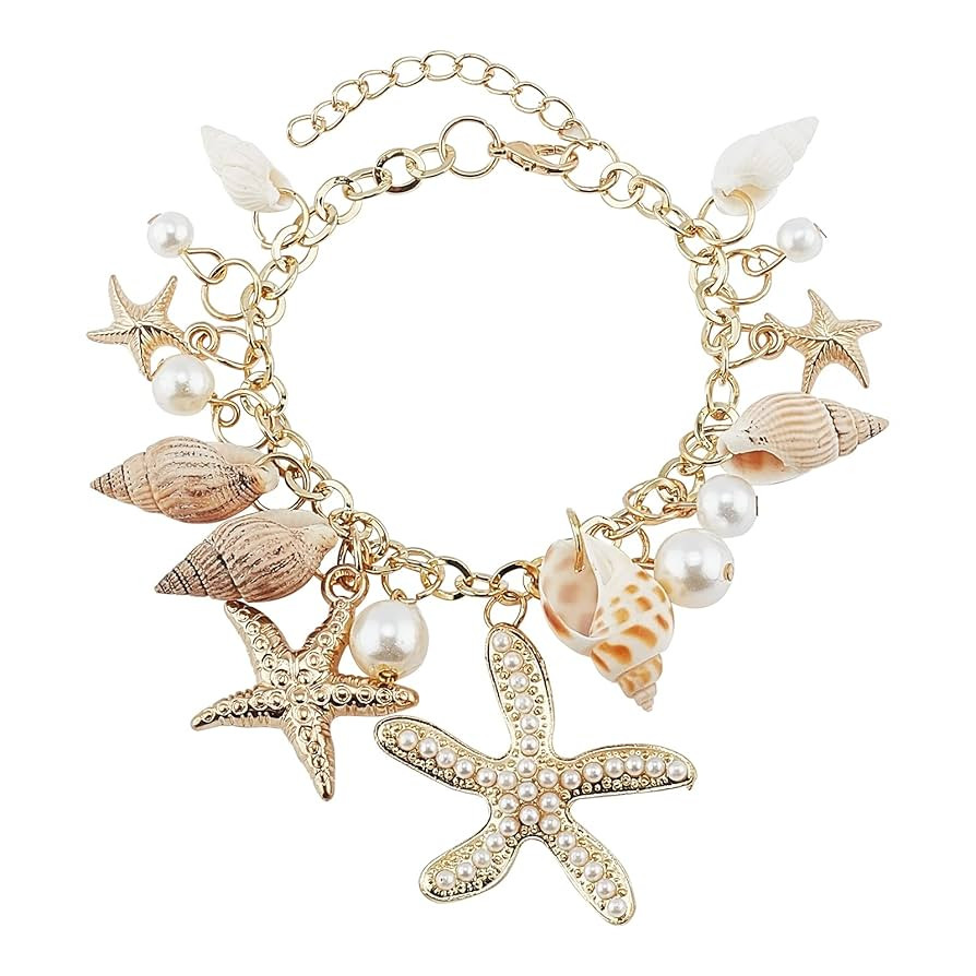 PandaHall Fashion Sea Shell Starfish Bracelets Mermaid Costume Jewelry Golden Shell Beads Pearl C... | Amazon (US)