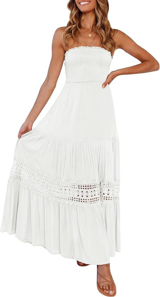 ZESICA Womens Summer Bohemian Strapless Off Shoulder Lace Trim Backless Flowy A Line Beach Long Maxi | Amazon (US)