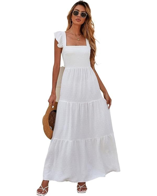 Women's Summer Dresses Tied Open Back Dots Square Neck Cap Sleeve Maxi A Line Dress | Amazon (US)
