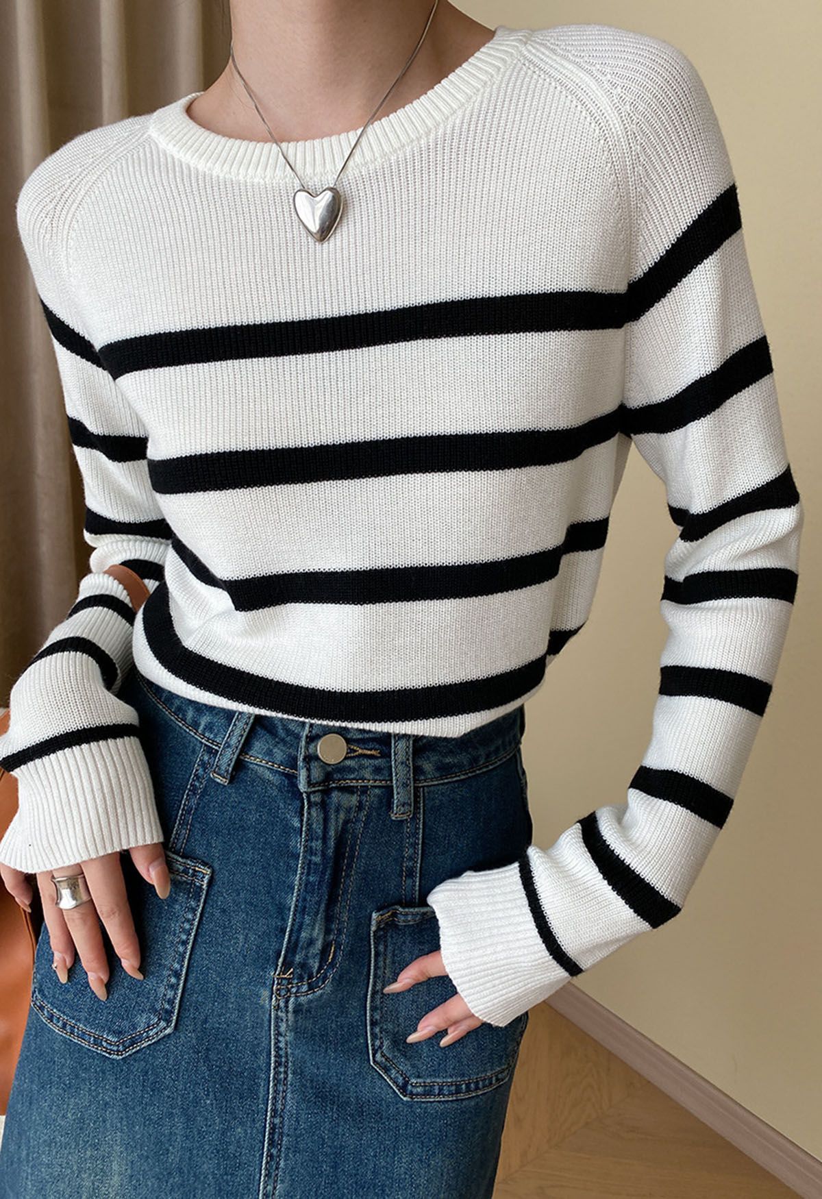 Versatile Round Neck Striped Knit Sweater in White | Chicwish