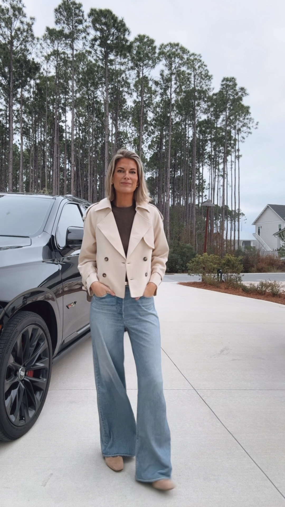 Wearing size 27 sweatpant jeans to dinner!  Small cashmere tee and tench. Shoes true to size.  

#LTKootd #LTKTall #LTKSaleAlert