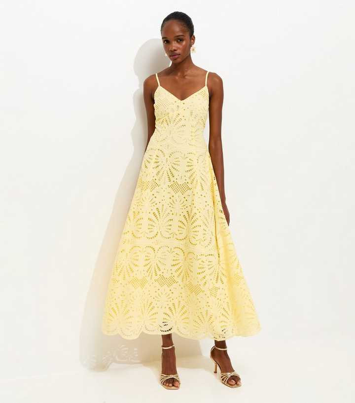 Yellow Cutwork Strappy Midi Dress | New Look | New Look (UK)