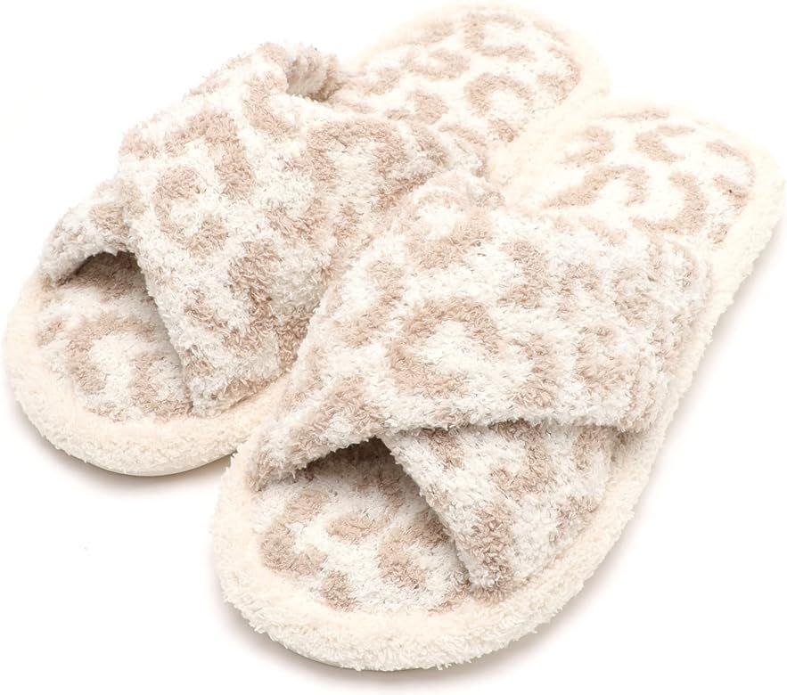 MIRMARU Women’s Animal Print Comfort Fluffy Fuzzy Slip-on House Slippers Open Toe Cross Band Indoor  | Amazon (US)