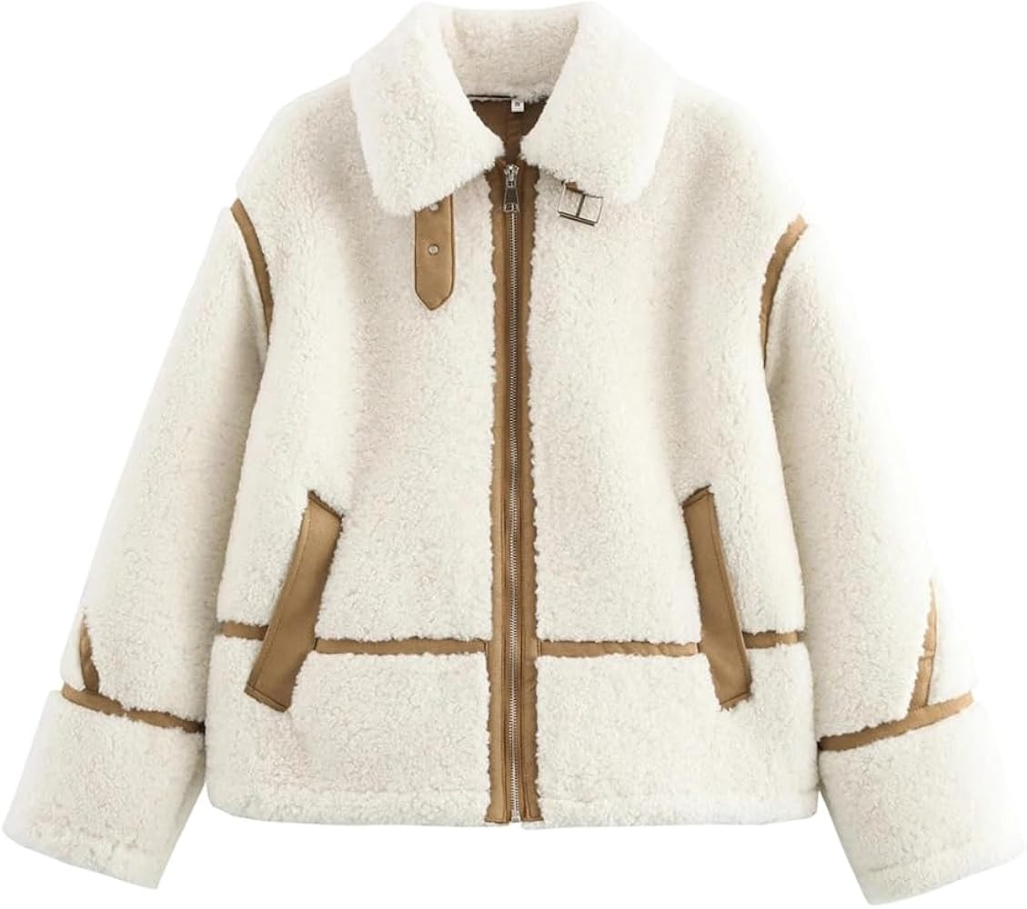 Womens Winter Lamb Wool Coat Spliced Lapel Loose Jacket Zipper Long Sleeve Outerwear | Amazon (US)