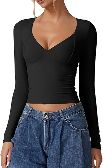QINSEN Women's Long Sleeve V Neck T Shirts Double Lined Crop Top Seamed Cup Going Out Tops | Amazon (US)