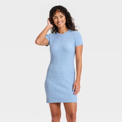 Women's Short Sleeve Rib Mini Sweater Dress - Universal Thread™ Blue XL | Target