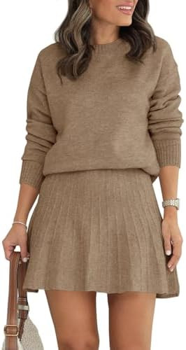 Tankaneo Womens Skirt 2 Piece Sweater Set Long Sleeve Crewneck Sweaters Pleated Mini Skirt Knit L... | Amazon (US)
