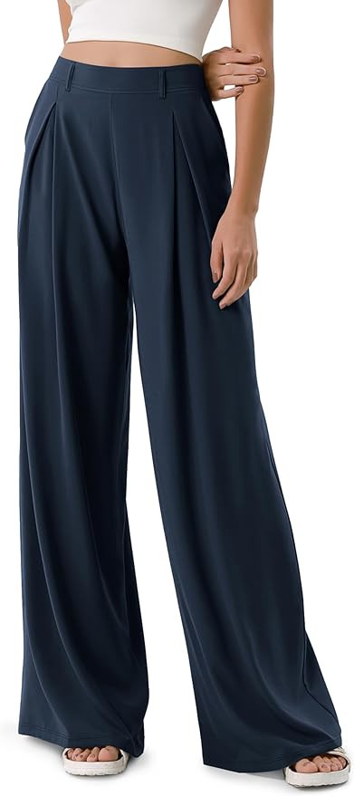 ODODOS Chiffon Flowy Pleated Wide Leg Pants for Women Lightweight High Waist Trouser with Pockets... | Amazon (US)