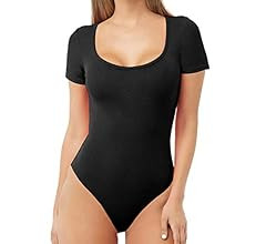MANGDIUP Women's Scoop Neck Short Sleevee Long Sleeve Basic Bodysuits Jumpsuits | Amazon (US)