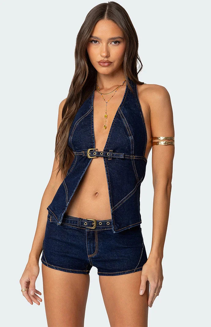 Edikted Women's Ciel Split Front Denim Halter Top in Dark Blue - Size XL | PacSun