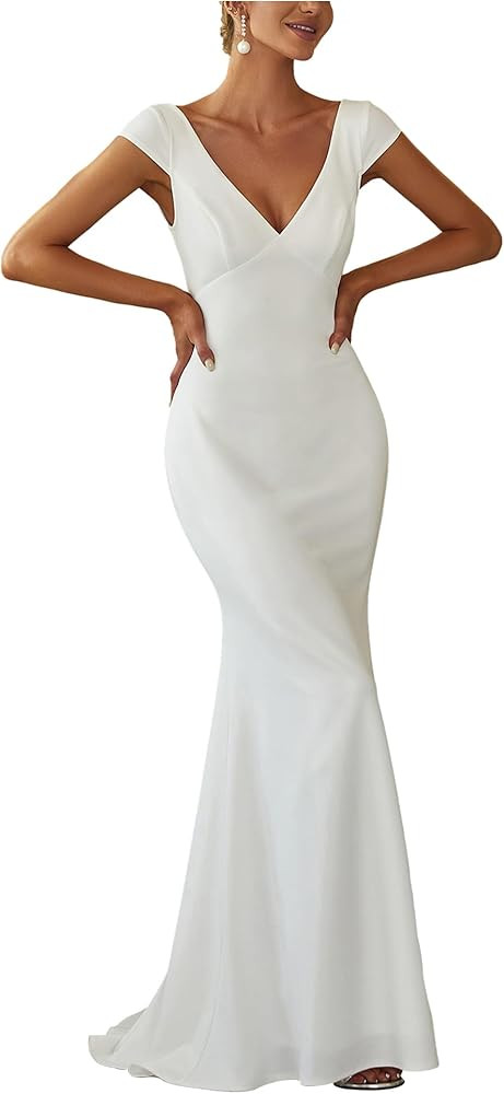 Ever-Pretty Women's Sleeveless V-Neck Open Back Lace Simple Mermaid Sweep Train Wedding Dress 017... | Amazon (US)