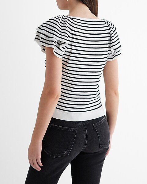 Striped Crew Neck Short Ruffle Sleeve Sweater | Express