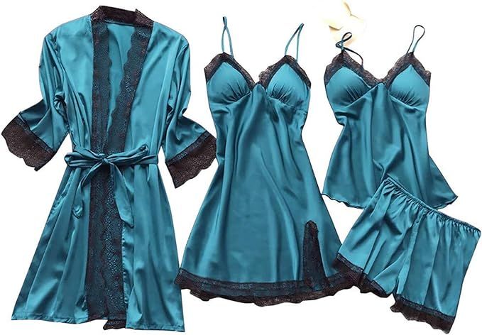 Women's Silk Satin Pajamas Set 4Pcs Lace Trim Cami Top and Shorts Sleepwear Nightgown with Robe M... | Amazon (US)