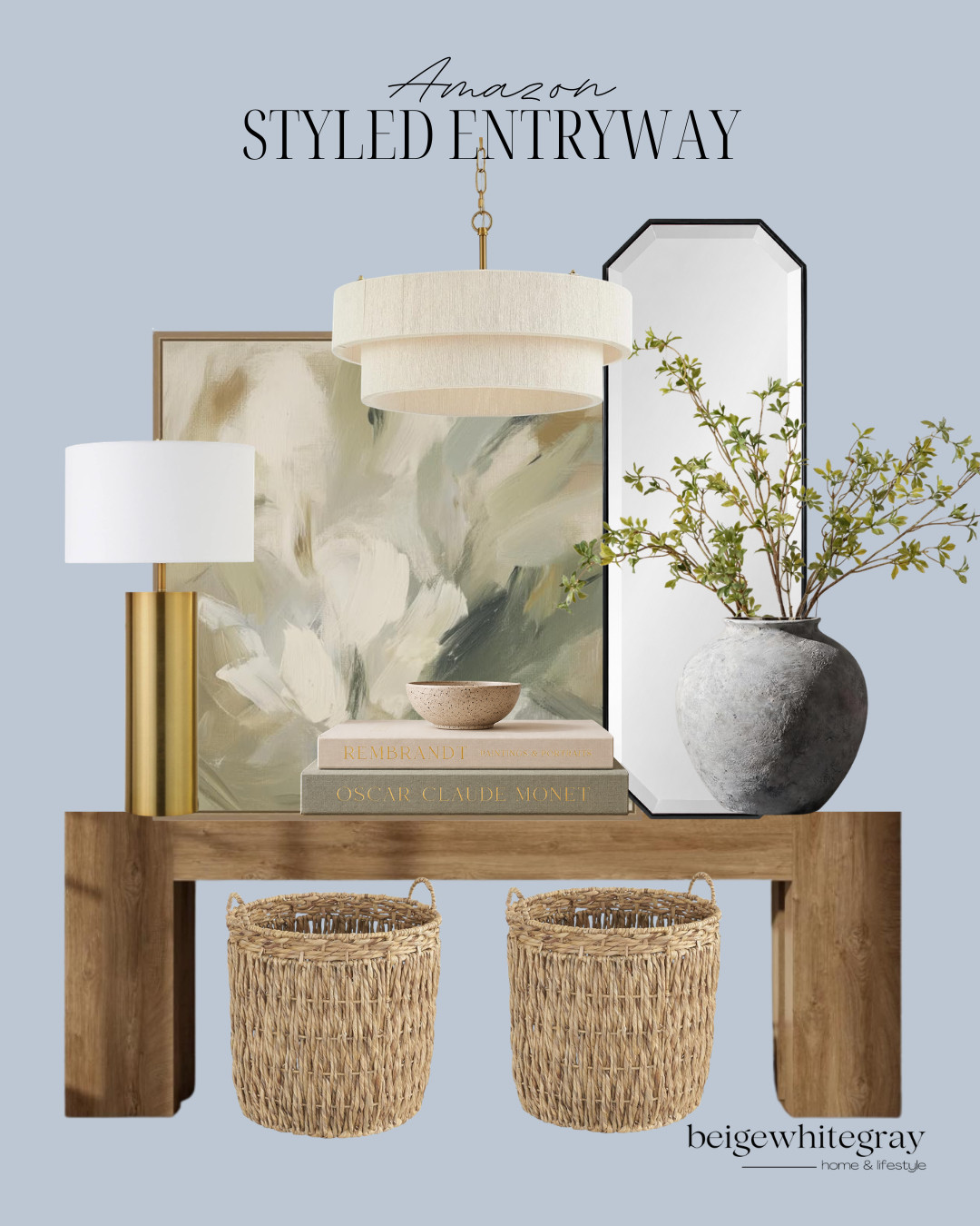 Amazon Styled Entryway, amazon entryway decor, styled entryway, amazon home finds, entryway inspiration, console table styling, oversized floral artwork, gold table lamp, modern chandelier, black framed mirror, decorative books, coffee table books, ceramic bowl, large floor vase, faux greenery, woven baskets, entryway console, neutral home decor, modern farmhouse decor, foyer styling, designer inspired entryway

#LTKHome