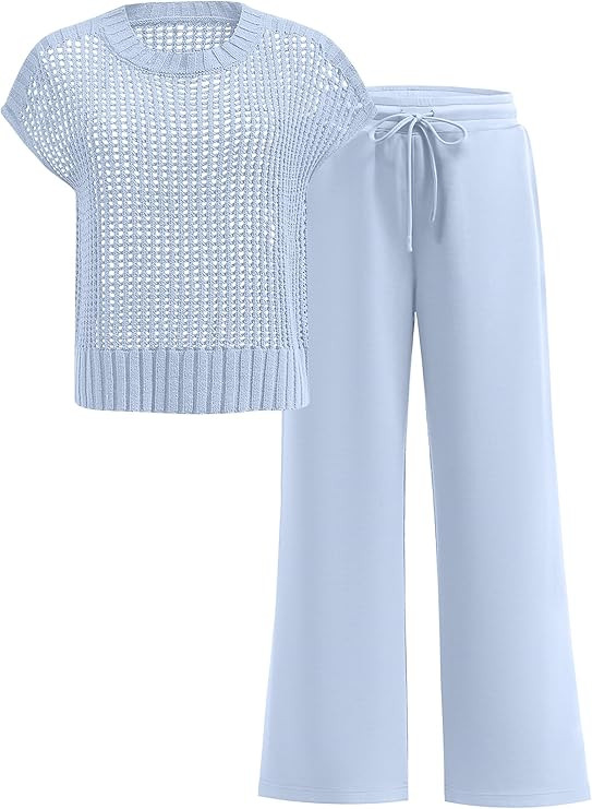 Women Two Piece Outfits Crochet Sheer Knit Sweater Top Wide Leg Pants Lounge Matching Sets Sweats... | Amazon (US)