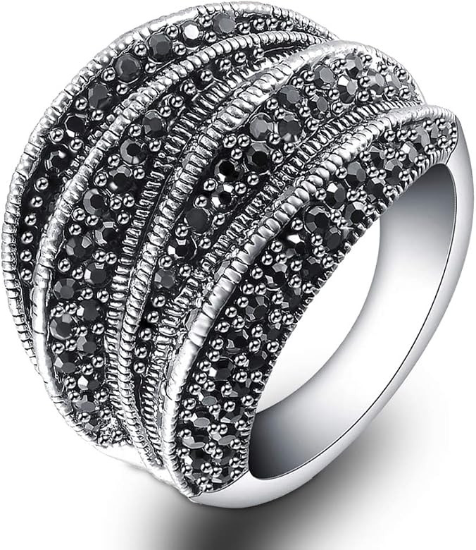 Aprilery Black Marcasite Aesthetic Rings Crossover Design Retro Fashion Big Cocktail Statement Ri... | Amazon (US)
