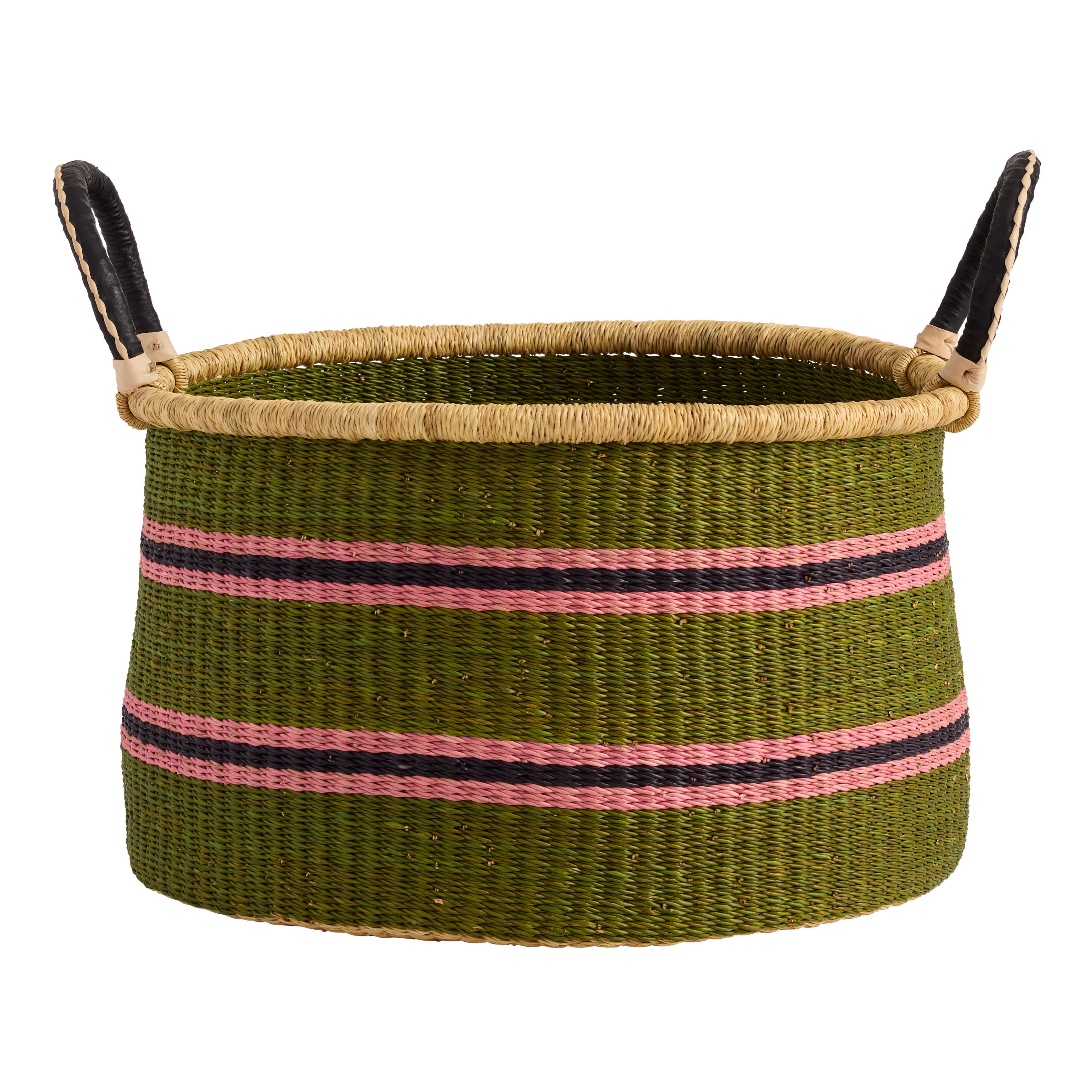 Savannah Large Pink and Green Rattan and Bamboo Tote Basket | World Market