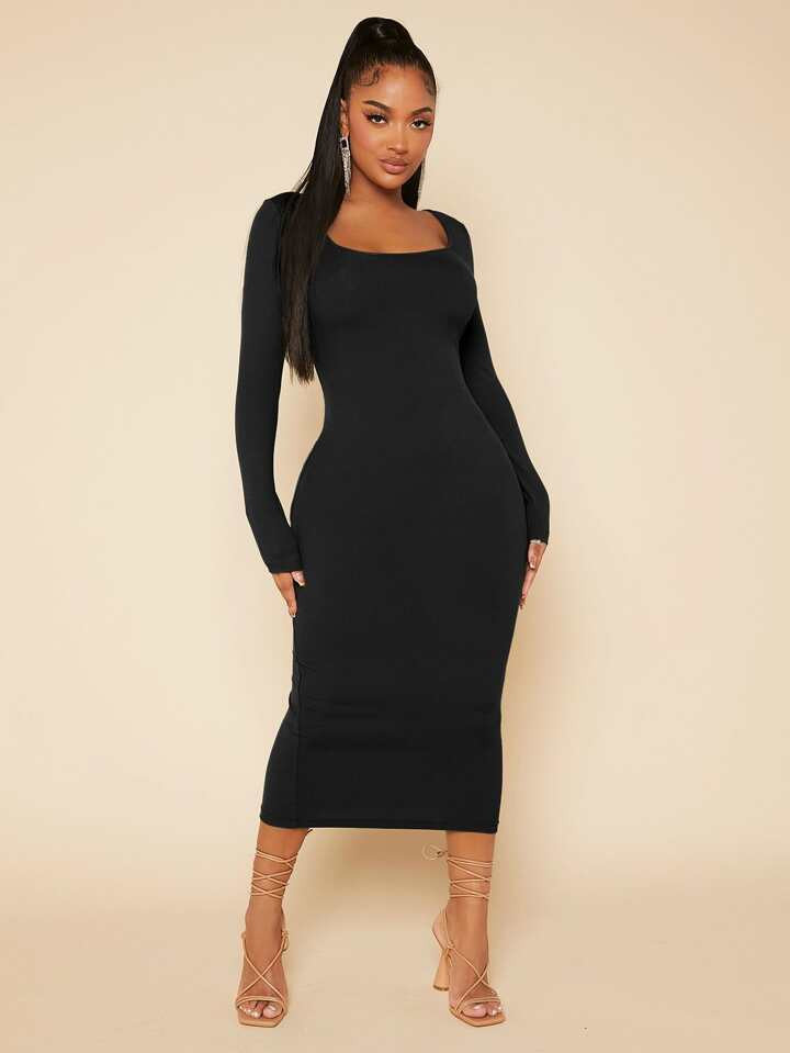 SHEIN SXY Solid Scoop Neck Bodycon Dress | SHEIN