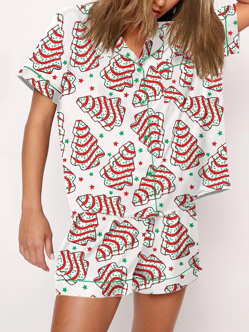 Christmas Tree Cakes Pajama Short Set, Bright Patterns Printing, Soft And Smooth Short Sleeve Lap... | Temu Affiliate Program