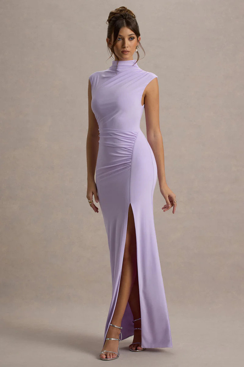 Lanetta  Lilac Ruched High-Neck Maxi Dress With Split | Club L London