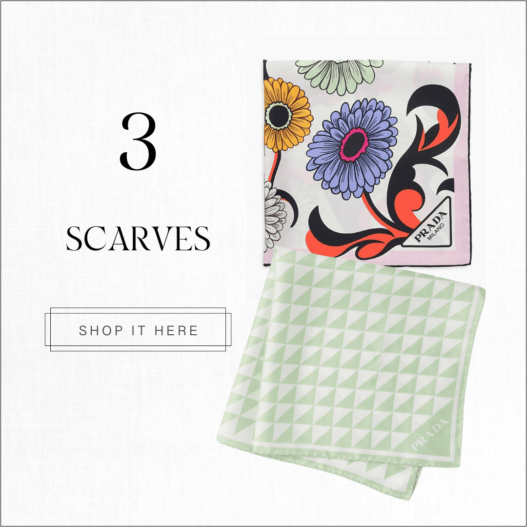 Scarves have also made a comeback over the last couple of years. I know, one could make the case that they never went away 😉 But, you know how fashion trends are! Right now, everyone is wearing a scarf  — whether it’s knotted onto your bag, in your hair, around your neck or even as a top, scarves are an investment worth making. The two by Prada above are designer, but you don’t have to spend a lot of money here 

 

#LTKSummerEdit #LTKSeasonal #LTKOver40