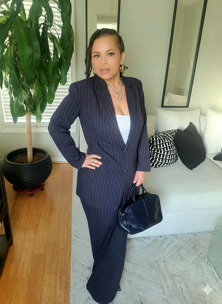 Navy pinstripe will always be in style.Wearing this timeless pantsuit with a white bodysuit, navy pumps, and a sleek navy leather bag — the perfect mix of classic, powerful, and effortlessly polished.If you love elevated everyday style, this look is for you.✨#OOTD #NavyPinstripe #PantsuitStyle #ClassicStyle #SophisticatedStyle #MonochromeOutfit

#LTKOver40 #LTKWorkwear #LTKootd