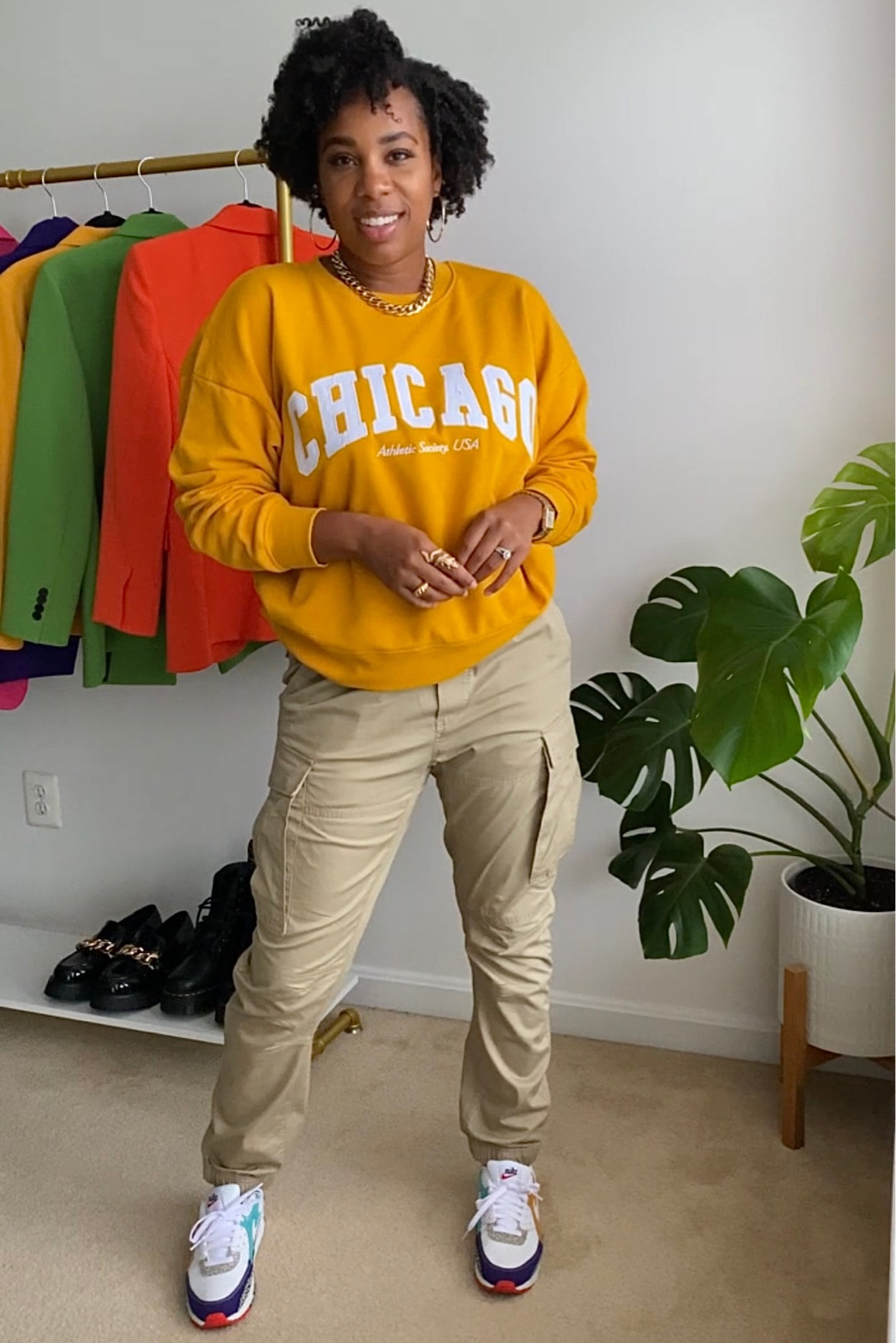 Hey queens! ✨ Sharing some of my recent H&M purchases. Loose fit, crew neck sweatshirt in the most perfect color, mustard! I’m wearing a medium for an oversized look! Mens Cargo pants in a medium & Nike airmax TTS! 💛 

#LTKsalealert #LTKunder100 #LTKunder50