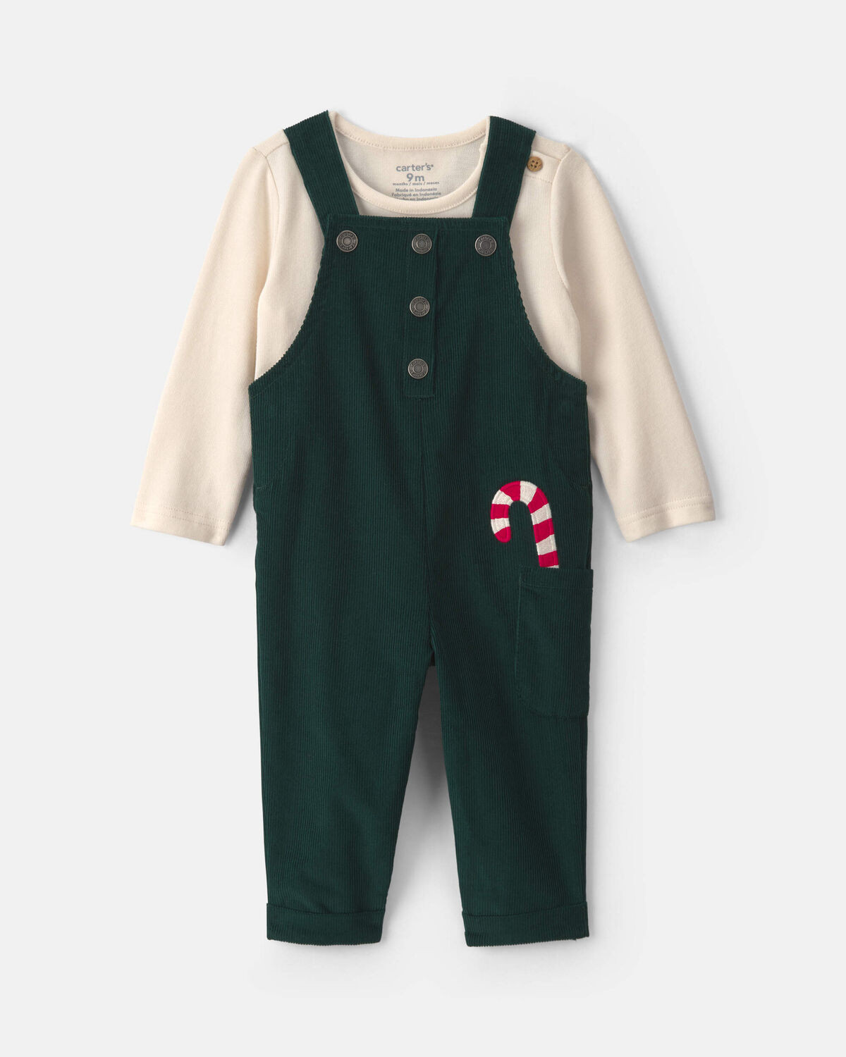 Baby Boy 2-Piece Candy Cane Corduroy Long-Sleeve Overall Set - Green/Cream | Carter's Inc
