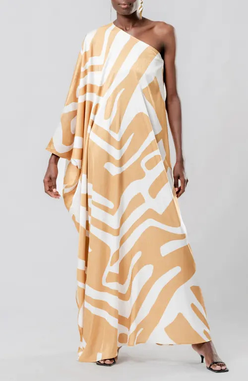 DIARRABLU Lava Cream Satu Jacquard One-Shoulder Long Sleeve Maxi Dress in Beige at Nordstrom, Size Large | Nordstrom