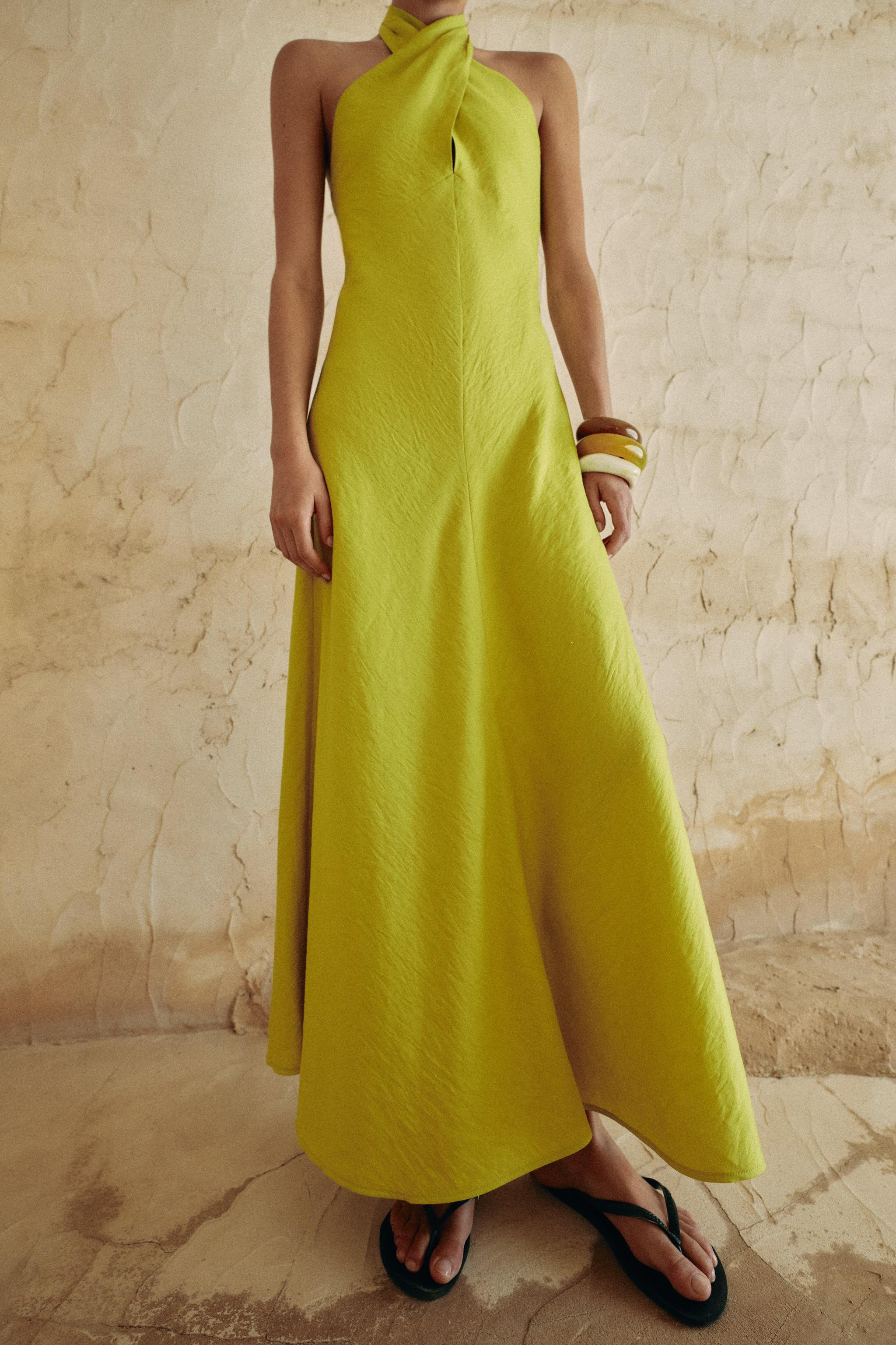 LINEN WRAP HALTER MIDI DRESS | Zara US